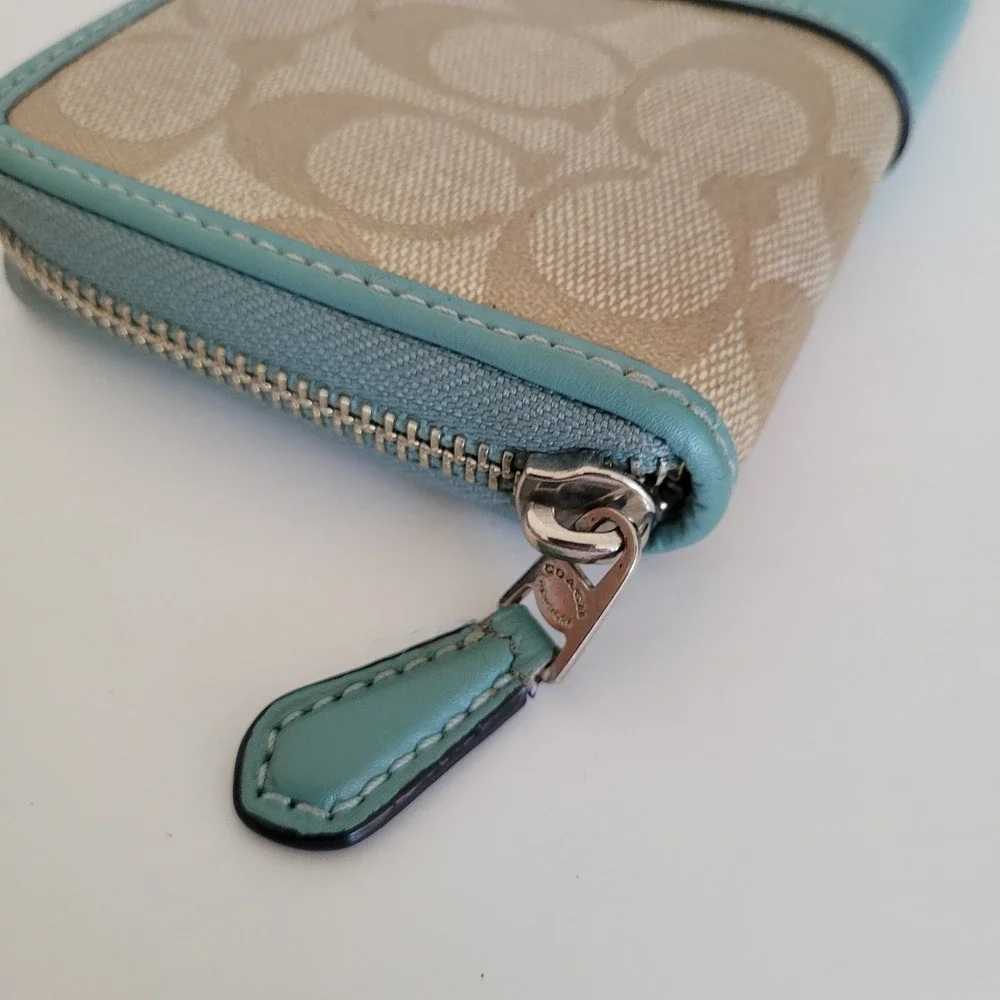 Coach Signature Accordion Zip Wallet Khaki Teal Monogram Canvas Long Wallet